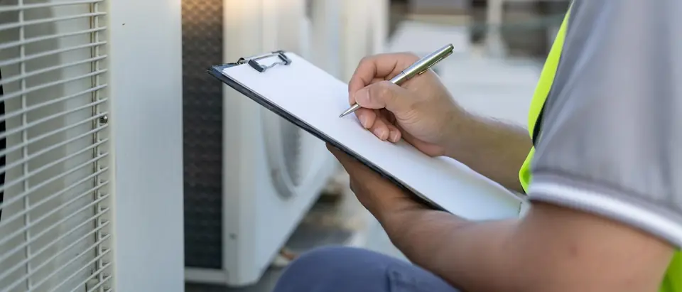 A hand writing on a clipboard beside a row of outdoor air conditioner units on a roof
